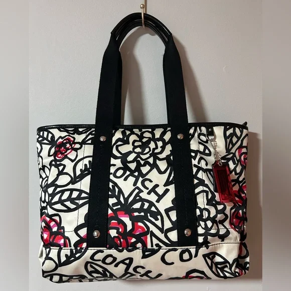 Coach Poppy Kyra floral tote bag in black and white nylon with red accents EUC - Picture 1 of 13